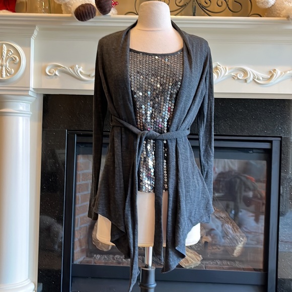 Sequin Top Tank Knit Long Sleeve Belted Charcoal Gray Womens Medium Tie Belt - Picture 9 of 16